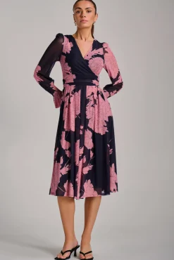 Long Sleeve Printed Mesh Midi Dress, Pink Floral