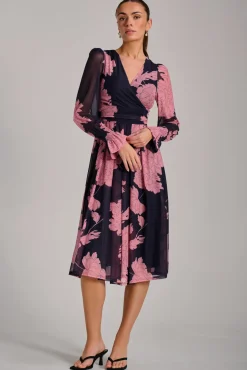Long Sleeve Printed Mesh Midi Dress, Pink Floral