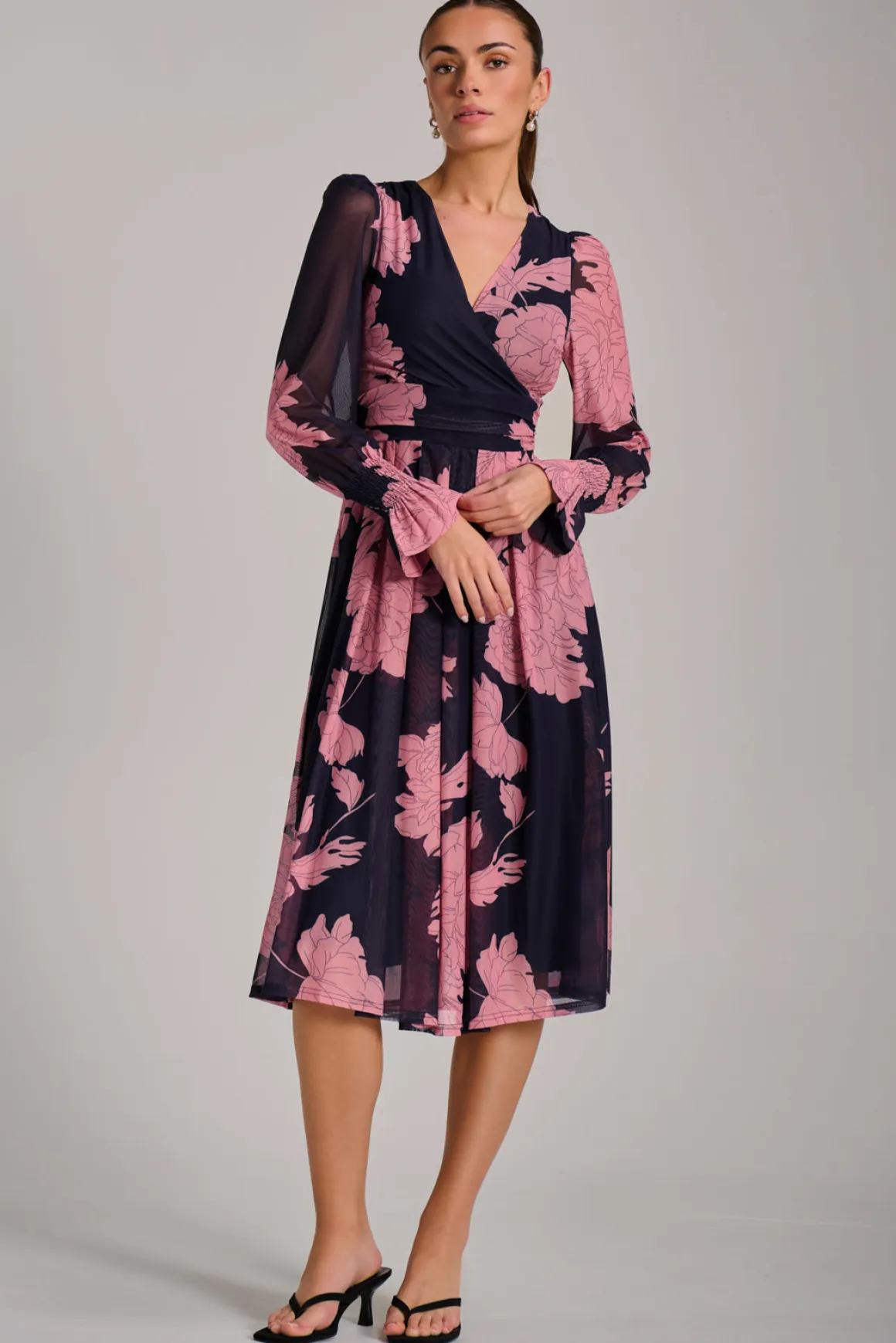 Long Sleeve Printed Mesh Midi Dress, Pink Floral