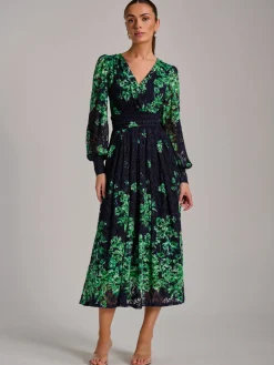 Long Sleeve Print Lace Maxi Dress, Navy Multi