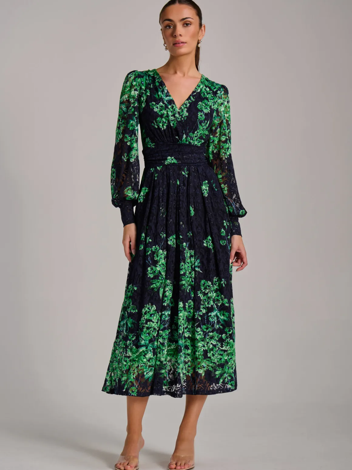 Long Sleeve Print Lace Maxi Dress, Navy Multi