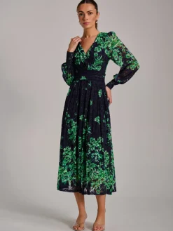 Long Sleeve Print Lace Maxi Dress, Navy Multi