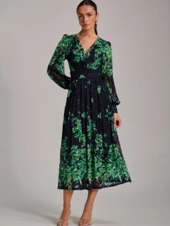 Long Sleeve Print Lace Maxi Dress, Navy Multi