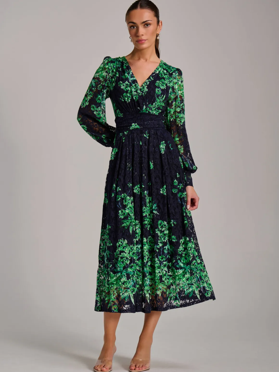 Long Sleeve Print Lace Maxi Dress, Navy Multi