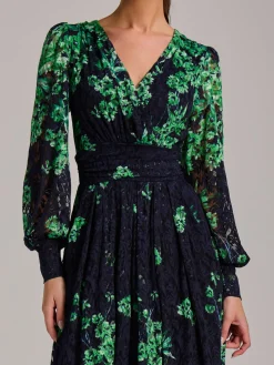 Long Sleeve Print Lace Maxi Dress, Navy Multi