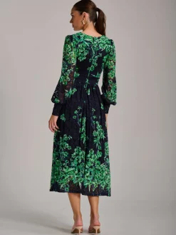 Long Sleeve Print Lace Maxi Dress, Navy Multi
