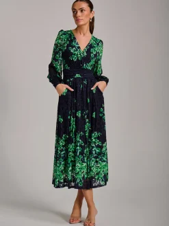 Long Sleeve Print Lace Maxi Dress, Navy Multi