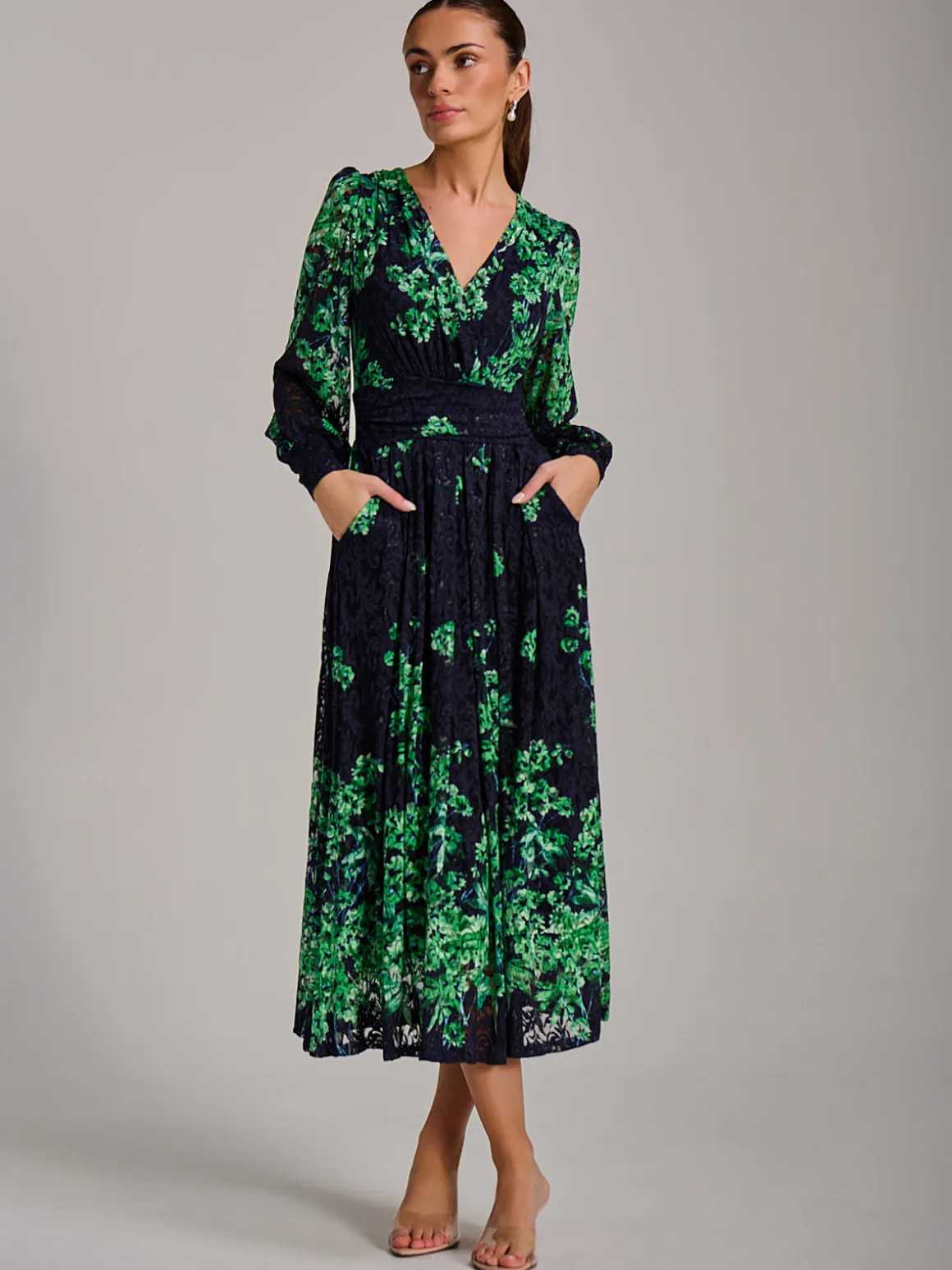 Long Sleeve Print Lace Maxi Dress, Navy Multi