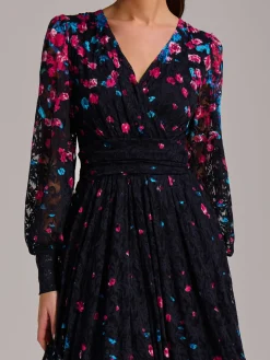 Long Sleeve Print Lace Maxi Dress, Pink Multi