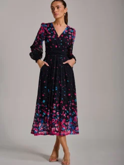 Long Sleeve Print Lace Maxi Dress, Pink Multi