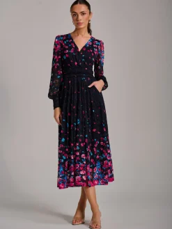 Long Sleeve Print Lace Maxi Dress, Pink Multi