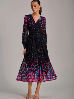 Long Sleeve Print Lace Maxi Dress, Pink Multi