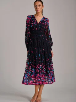 Long Sleeve Print Lace Maxi Dress, Pink Multi