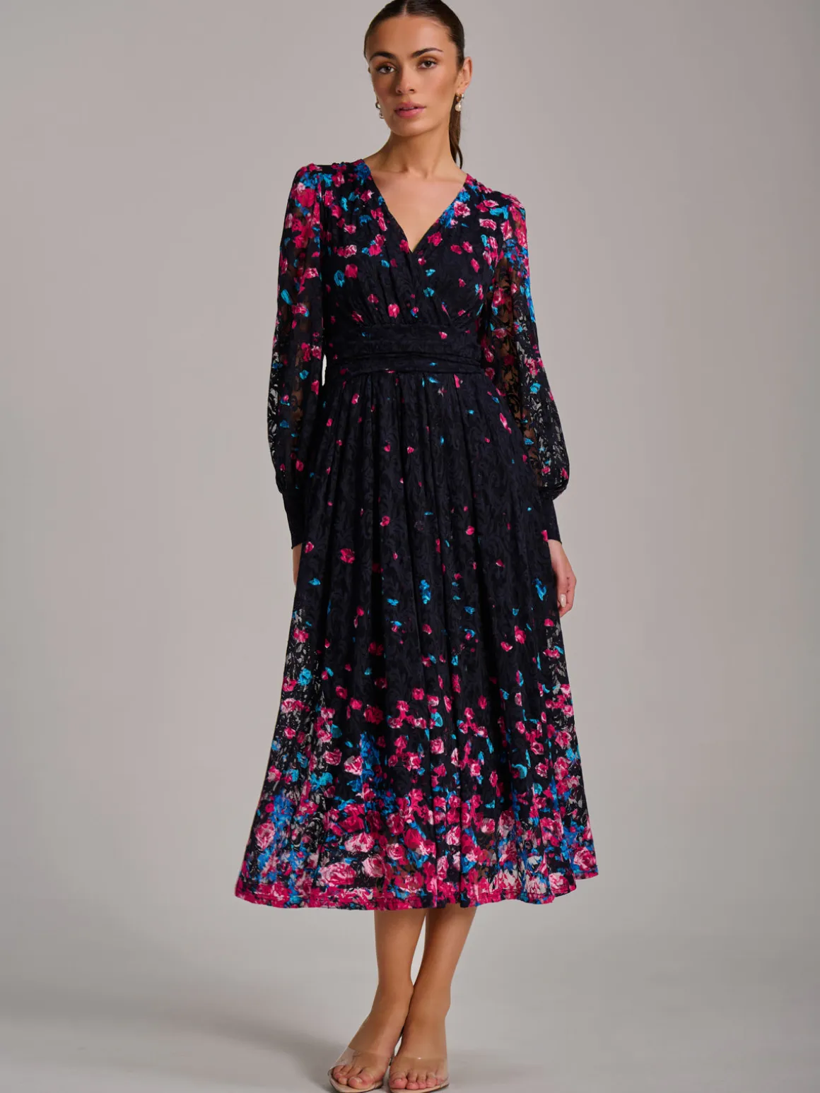 Long Sleeve Print Lace Maxi Dress, Pink Multi
