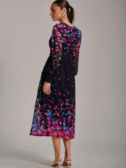 Long Sleeve Print Lace Maxi Dress, Pink Multi