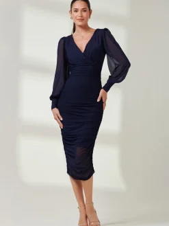 Long Sleeve Ruched Mesh Midi Dress, Navy