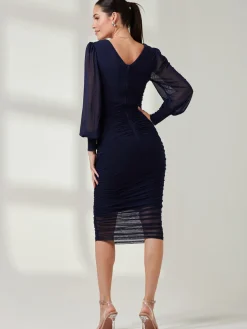 Long Sleeve Ruched Mesh Midi Dress, Navy