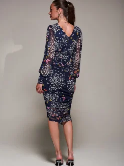 Long Sleeve Ruched Mesh Midi Dress, Navy Floral