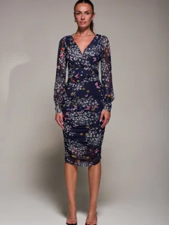 Long Sleeve Ruched Mesh Midi Dress, Navy Floral