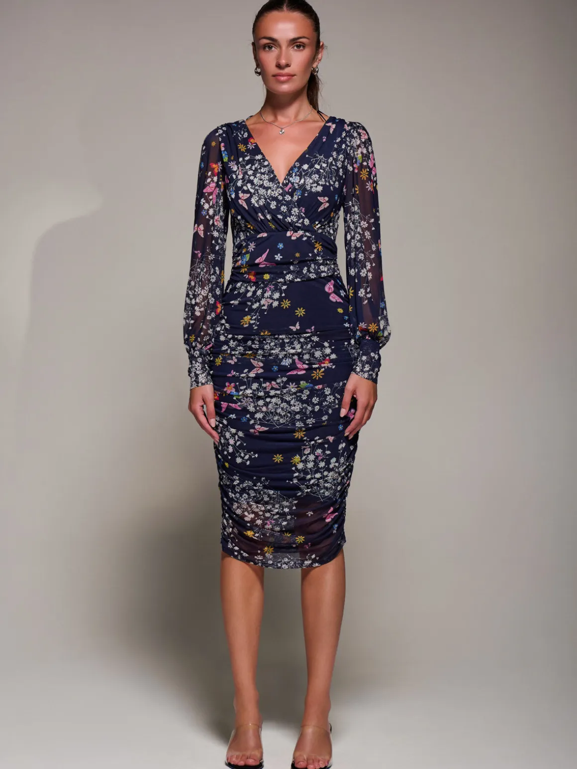 Long Sleeve Ruched Mesh Midi Dress, Navy Floral