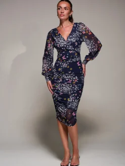 Long Sleeve Ruched Mesh Midi Dress, Navy Floral