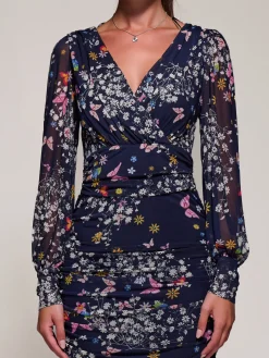 Long Sleeve Ruched Mesh Midi Dress, Navy Floral