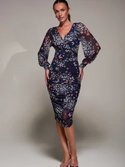 Long Sleeve Ruched Mesh Midi Dress, Navy Floral
