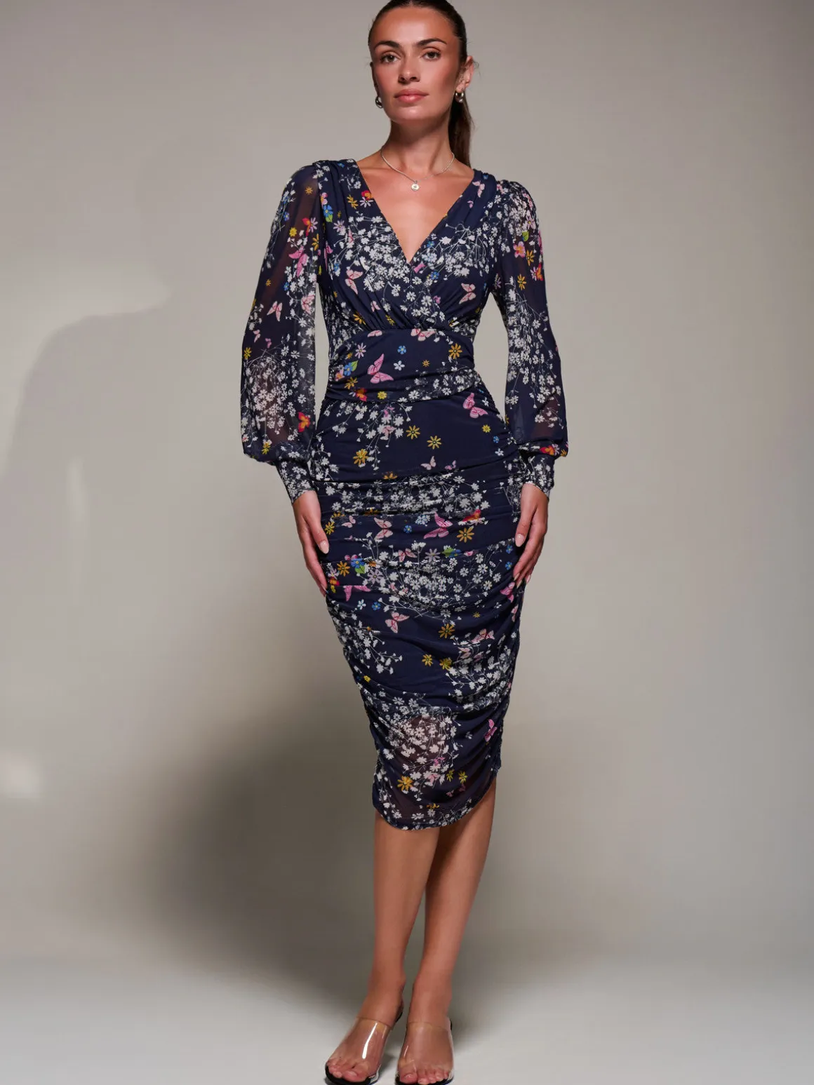 Long Sleeve Ruched Mesh Midi Dress, Navy Floral