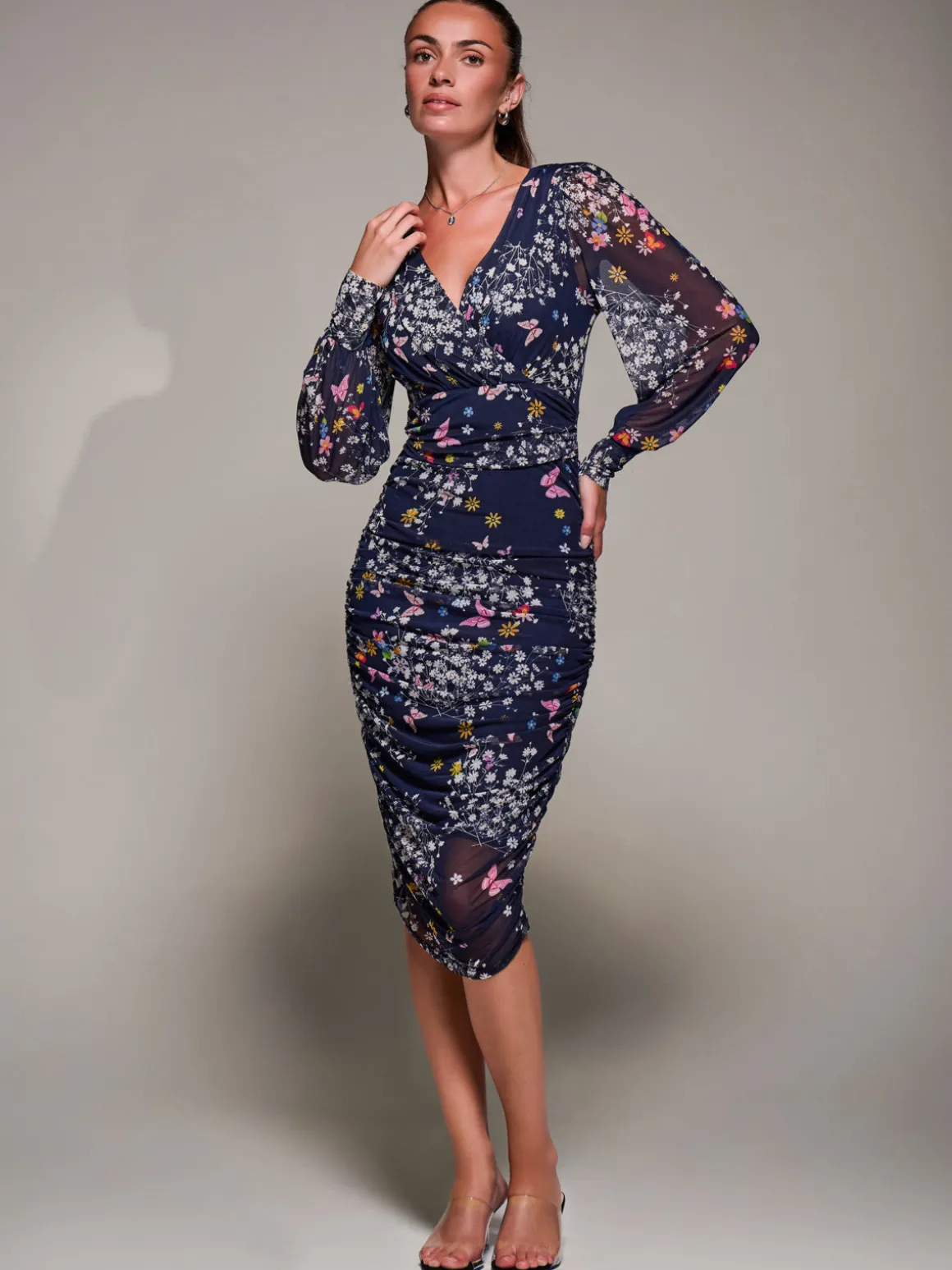 Long Sleeve Ruched Mesh Midi Dress, Navy Floral