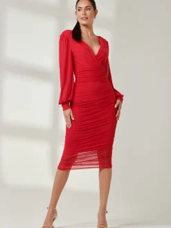 Long Sleeve Ruched Mesh Midi Dress, Red