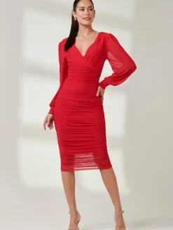 Long Sleeve Ruched Mesh Midi Dress, Red