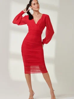 Long Sleeve Ruched Mesh Midi Dress, Red