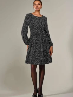Long Sleeve Ruched Waist Midi Dress, Black Polka
