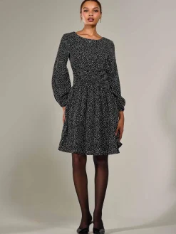 Long Sleeve Ruched Waist Midi Dress, Black Polka