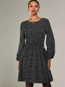 Long Sleeve Ruched Waist Midi Dress, Black Polka