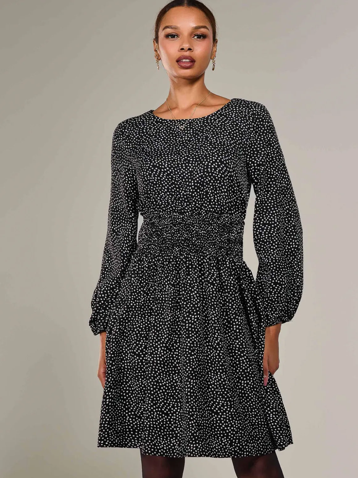 Long Sleeve Ruched Waist Midi Dress, Black Polka
