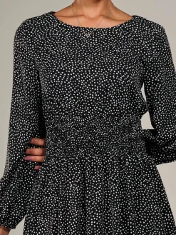Long Sleeve Ruched Waist Midi Dress, Black Polka