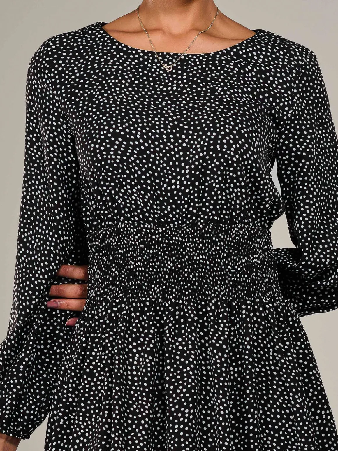 Long Sleeve Ruched Waist Midi Dress, Black Polka