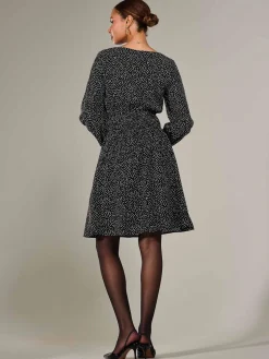 Long Sleeve Ruched Waist Midi Dress, Black Polka