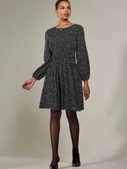 Long Sleeve Ruched Waist Midi Dress, Black Polka