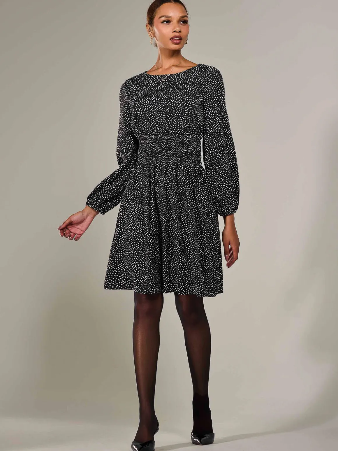 Long Sleeve Ruched Waist Midi Dress, Black Polka