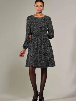 Long Sleeve Ruched Waist Midi Dress, Black Polka