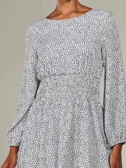 Long Sleeve Ruched Waist Midi Dress, White Polka