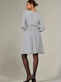 Long Sleeve Ruched Waist Midi Dress, White Polka