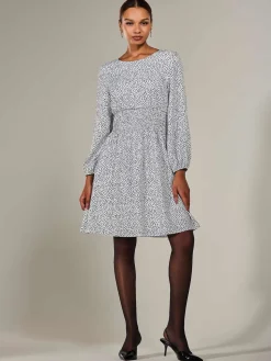 Long Sleeve Ruched Waist Midi Dress, White Polka