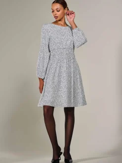Long Sleeve Ruched Waist Midi Dress, White Polka