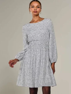 Long Sleeve Ruched Waist Midi Dress, White Polka
