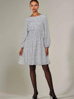 Long Sleeve Ruched Waist Midi Dress, White Polka