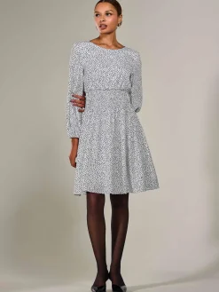 Long Sleeve Ruched Waist Midi Dress, White Polka