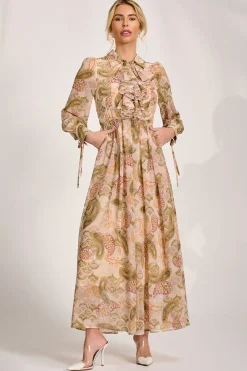 Long Sleeve Ruffle Chiffon Shirt Maxi Dress, Beige Paisley